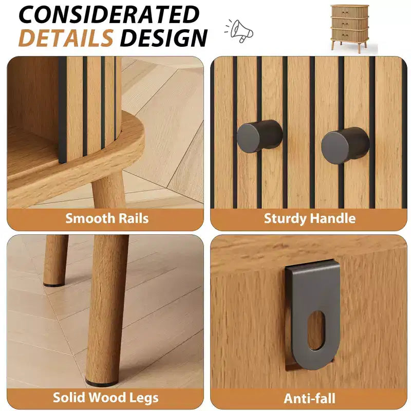 Commode à 3 tiroirs de style Mid-Century Modern avec porte coulissante en rotin naturel, armoire de rangement en bois avec pieds coniques pour chambre à coucher et salon