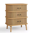 Commode à 3 tiroirs de style Mid-Century Modern avec porte coulissante en rotin naturel, armoire de rangement en bois avec pieds coniques pour chambre à coucher et salon