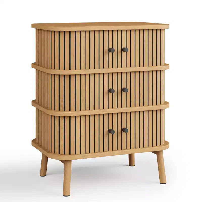 Commode à 3 tiroirs de style Mid-Century Modern avec porte coulissante en rotin naturel, armoire de rangement en bois avec pieds coniques pour chambre à coucher et salon