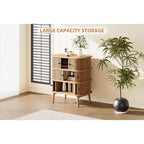 Commode à 3 tiroirs de style Mid-Century Modern avec porte coulissante en rotin naturel, armoire de rangement en bois avec pieds coniques pour chambre à coucher et salon