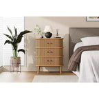 Commode à 3 tiroirs de style Mid-Century Modern avec porte coulissante en rotin naturel, armoire de rangement en bois avec pieds coniques pour chambre à coucher et salon