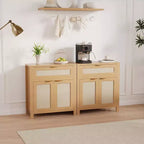 Natural Oak Rattan Sideboard Buffet Cabinet - Drawer & Adjustable Shelves, Storage Accent Cabinet for Living Room Entryway Coffee Bar