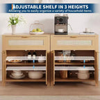 Buffet bahut en rotin et chêne naturel - Tiroir et étagères réglables, armoire de rangement d'appoint pour salon, entrée, coin café