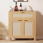 Buffet bahut en rotin et chêne naturel - Tiroir et étagères réglables, armoire de rangement d'appoint pour salon, entrée, coin café