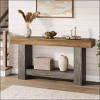 Console de ferme, longue table de canapé à 2 niveaux avec rangement ouvert, table d'entrée étroite en bois pour couloir, salon, derrière le canapé