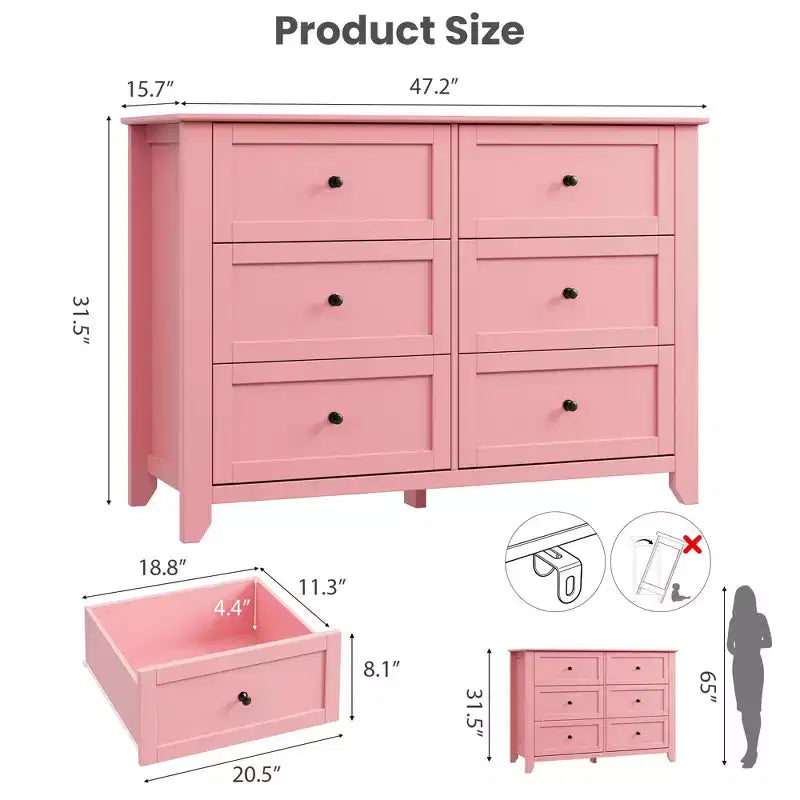 Commode en bois à 6 tiroirs, commode rose avec tiroirs profonds et poignées en métal, organisateur de rangement pour vêtements de placard en bois pour chambre à coucher