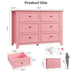 Commode en bois à 6 tiroirs, commode rose avec tiroirs profonds et poignées en métal, organisateur de rangement pour vêtements de placard en bois pour chambre à coucher
