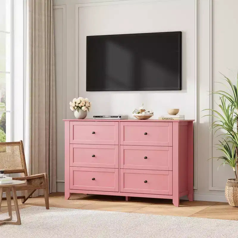 Commode en bois à 6 tiroirs, commode rose avec tiroirs profonds et poignées en métal, organisateur de rangement pour vêtements de placard en bois pour chambre à coucher