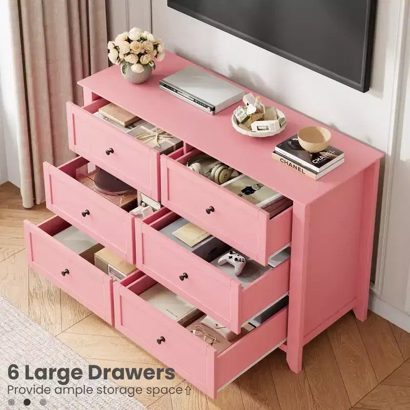 Commode en bois à 6 tiroirs, commode rose avec tiroirs profonds et poignées en métal, organisateur de rangement pour vêtements de placard en bois pour chambre à coucher