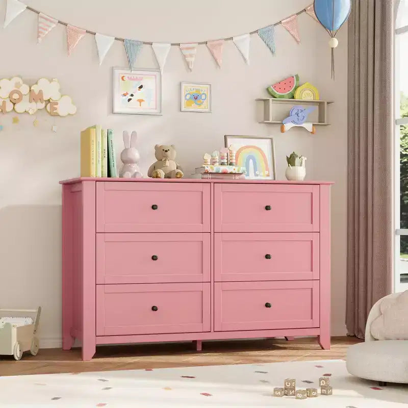 Commode en bois à 6 tiroirs, commode rose avec tiroirs profonds et poignées en métal, organisateur de rangement pour vêtements de placard en bois pour chambre à coucher