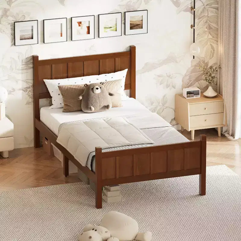 Lit plateforme double FAMYYT avec tête et pied de lit, assemblage facile