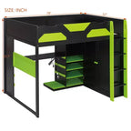 Lit mezzanine de jeu en bois pleine grandeur avec bureau, lit mezzanine pleine grandeur avec étagères de rangement multiples et lumière RVB