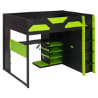 Lit mezzanine de jeu en bois pleine grandeur avec bureau, lit mezzanine pleine grandeur avec étagères de rangement multiples et lumière RVB