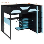 Lit mezzanine de jeu en bois pleine grandeur avec bureau, lit mezzanine pleine grandeur avec étagères de rangement multiples et lumière RVB