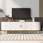 JVNOXK Modern Wood TV Stand for Up to 80 TVs, Entertainment Center with 4 Drawers & 1 Cabinet, Metal Legs & Gold Accents for Living Room