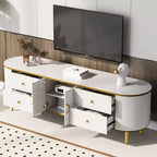 JVNOXK Meuble TV moderne en bois pour téléviseurs jusqu'à 80 pouces, centre de divertissement avec 4 tiroirs et 1 placard, pieds en métal et accents dorés pour salon