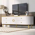 JVNOXK Meuble TV moderne en bois pour téléviseurs jusqu'à 80 pouces, centre de divertissement avec 4 tiroirs et 1 placard, pieds en métal et accents dorés pour salon