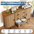 Buffet bahut moderne cannelé de 59 po avec plateau en faux marbre, meuble pour tourne-disque à 2 portes et 6 tiroirs et console de bar à café