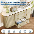 Buffet bahut moderne cannelé de 59 po avec plateau en faux marbre, meuble pour tourne-disque à 2 portes et 6 tiroirs et console de bar à café