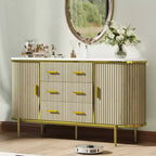 Buffet bahut moderne cannelé de 59 po avec plateau en faux marbre, meuble pour tourne-disque à 2 portes et 6 tiroirs et console de bar à café