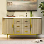 Buffet bahut moderne cannelé de 59 po avec plateau en faux marbre, meuble pour tourne-disque à 2 portes et 6 tiroirs et console de bar à café
