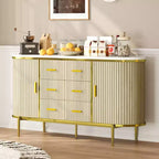Buffet bahut moderne cannelé de 59 po avec plateau en faux marbre, meuble pour tourne-disque à 2 portes et 6 tiroirs et console de bar à café