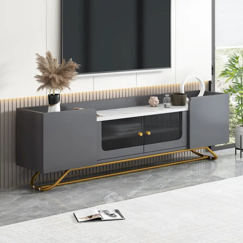 Meuble TV 63,07 po avec verre et cadre doré pour téléviseurs de 70 po