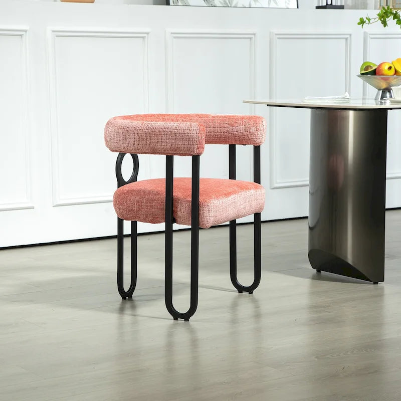 Fauteuil tonneau rembourré rose 23,62 po avec cadres en fer noir