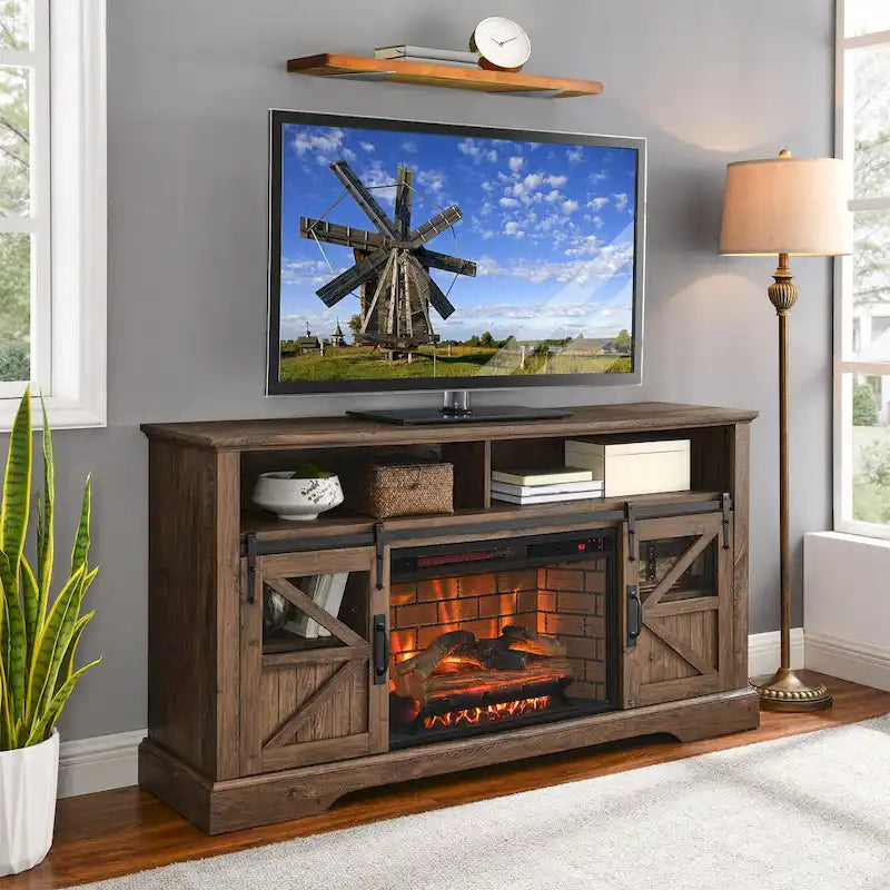Meuble TV cheminée en bois de grange récupéré de 60 pouces avec télécommande et dispositif de sécurité pour téléviseurs de 70 pouces