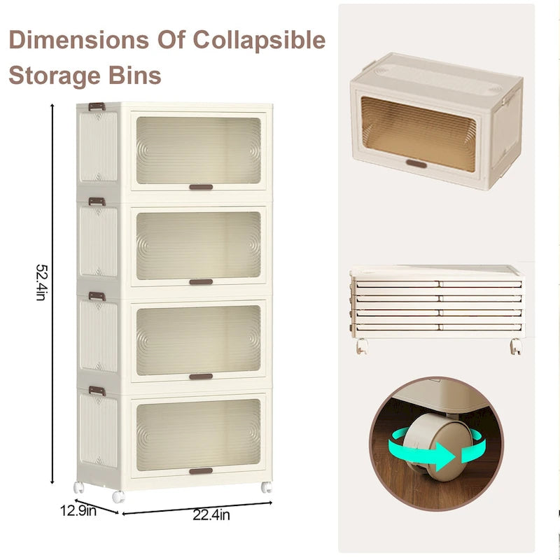 Bacs de rangement en plastique à 4 niveaux avec couvercles, conteneurs de rangement empilables avec roues, boîtes de rangement pliantes, bacs de rangement escamotables