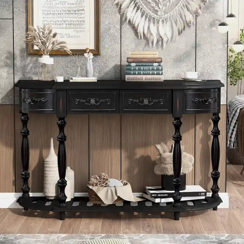 Console de 52 po, table d'appoint incurvée, table de canapé, table d'entrée pour couloir, salon, avec 4 tiroirs et 1 étagère