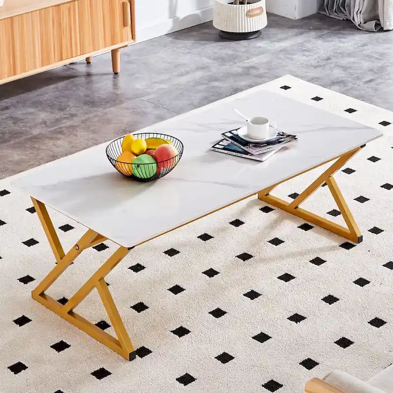 Table basse de style moderne minimaliste avec motif marbre et pieds en métal noir, table de jeu, table à thé