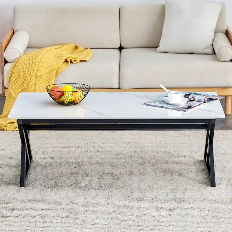 Table basse de style moderne minimaliste avec motif marbre et pieds en métal noir, table de jeu, table à thé