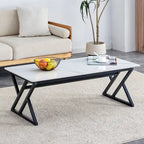 Table basse de style moderne minimaliste avec motif marbre et pieds en métal noir, table de jeu, table à thé