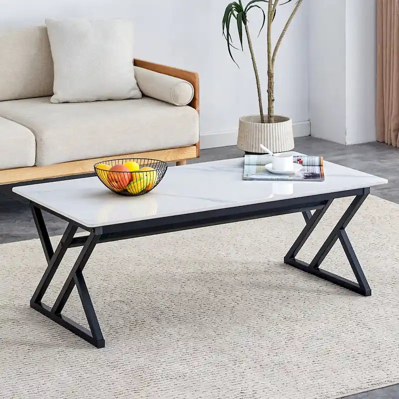 Table basse de style moderne minimaliste avec motif marbre et pieds en métal noir, table de jeu, table à thé