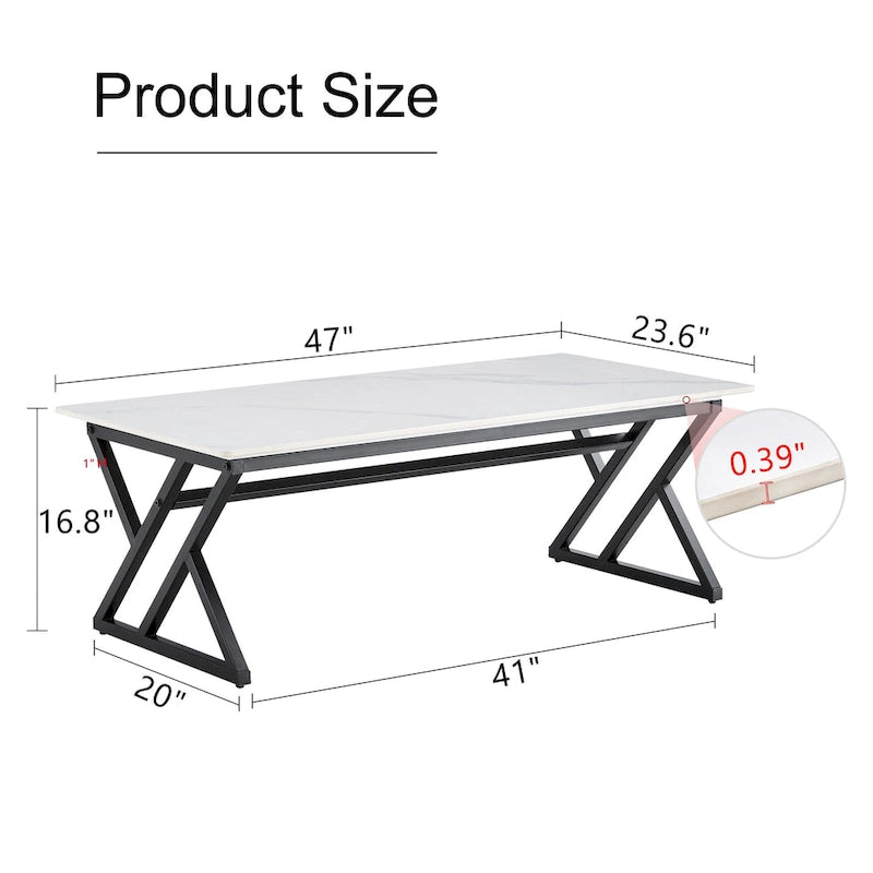 Table basse de style moderne minimaliste avec motif marbre et pieds en métal noir, table de jeu, table à thé