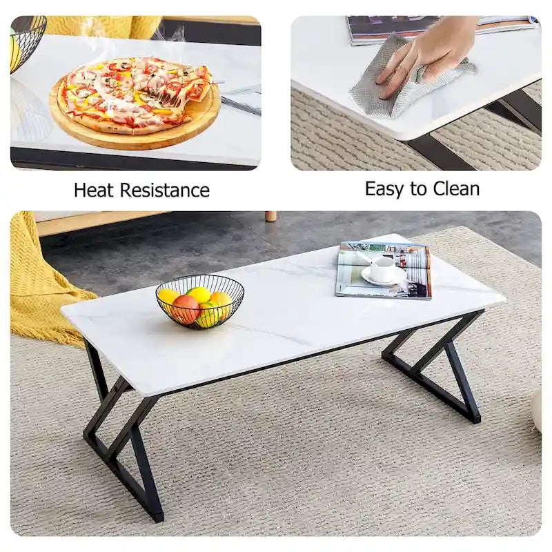 Table basse de style moderne minimaliste avec motif marbre et pieds en métal noir, table de jeu, table à thé