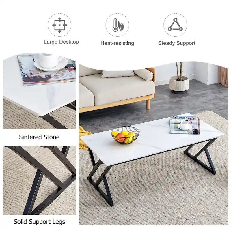 Table basse de style moderne minimaliste avec motif marbre et pieds en métal noir, table de jeu, table à thé