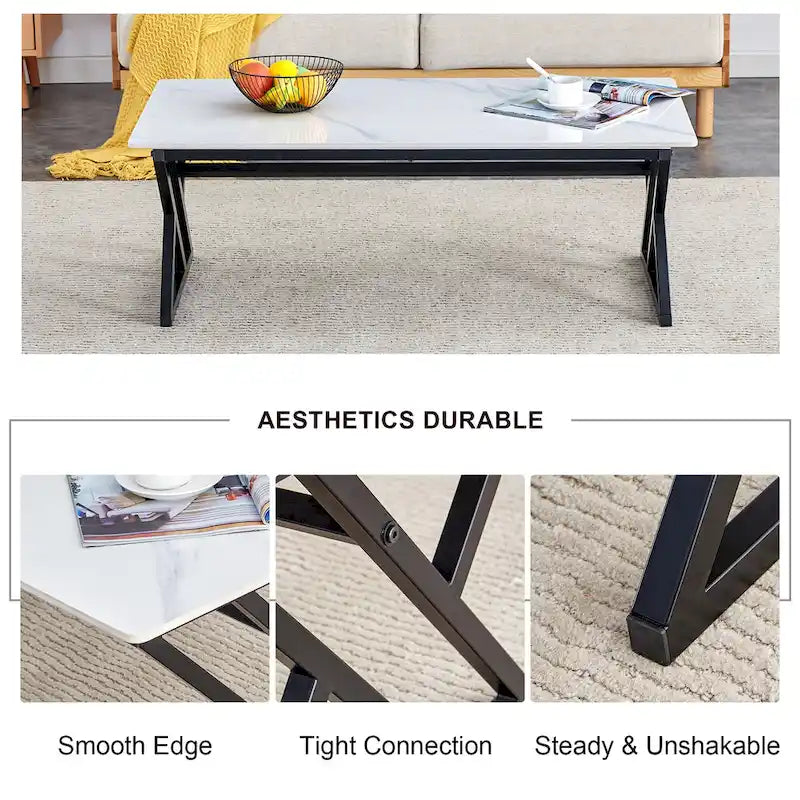 Table basse de style moderne minimaliste avec motif marbre et pieds en métal noir, table de jeu, table à thé
