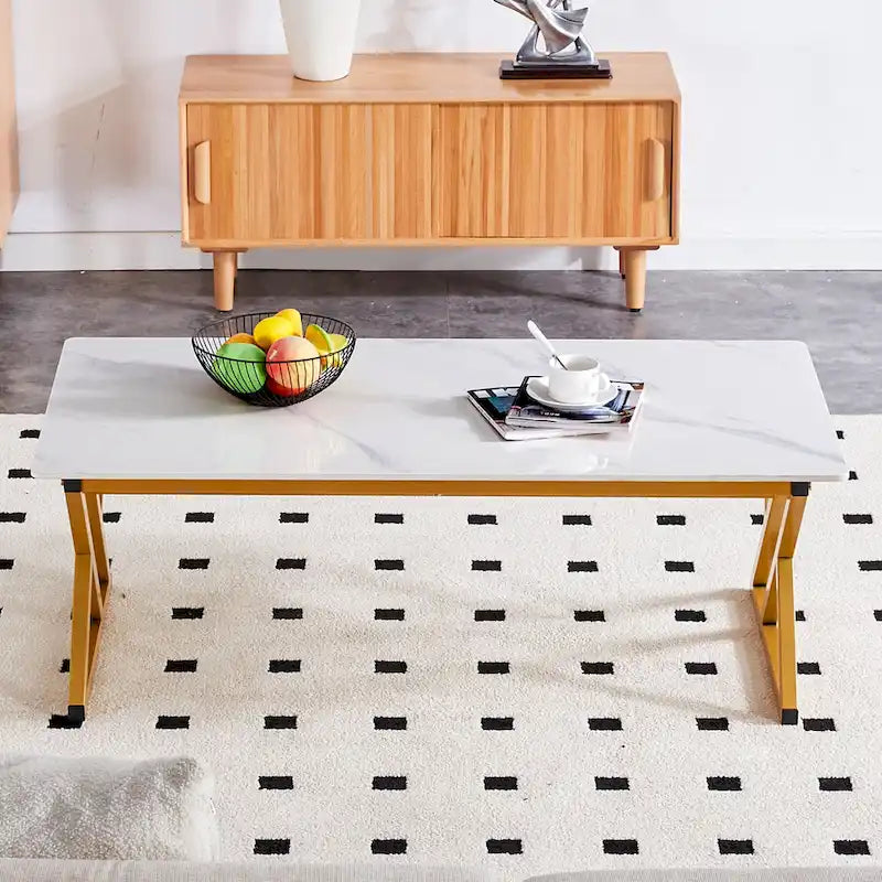 Table basse de style moderne minimaliste avec motif marbre et pieds en métal noir, table de jeu, table à thé