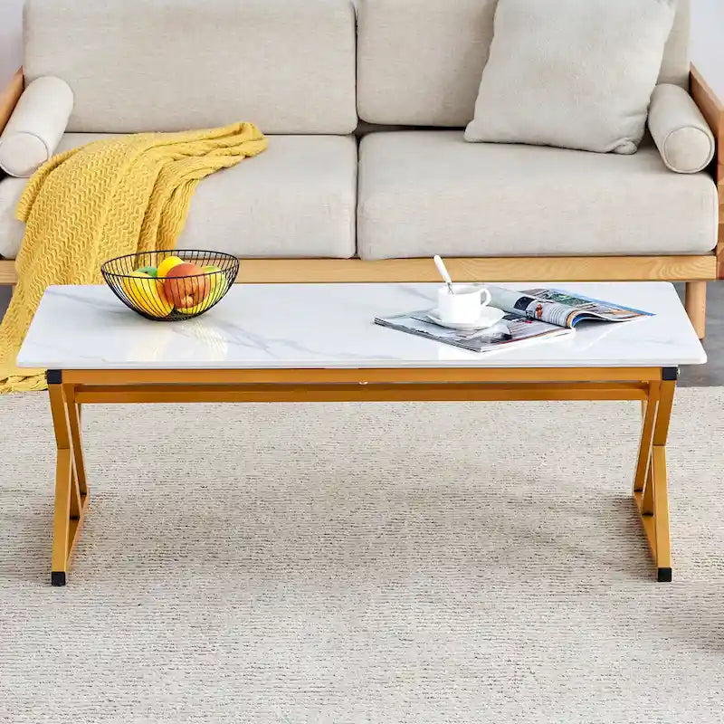 Table basse de style moderne minimaliste avec motif marbre et pieds en métal noir, table de jeu, table à thé