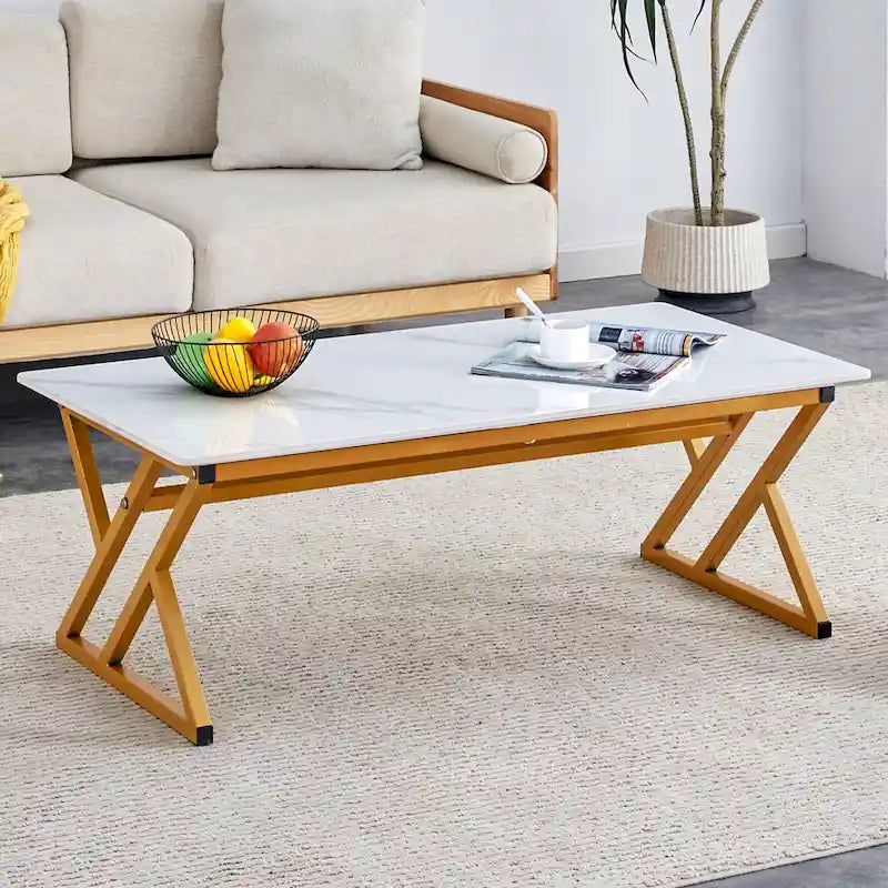 Table basse de style moderne minimaliste avec motif marbre et pieds en métal noir, table de jeu, table à thé