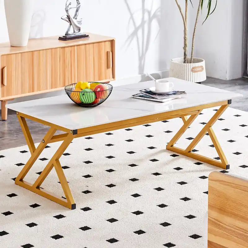Table basse de style moderne minimaliste avec motif marbre et pieds en métal noir, table de jeu, table à thé