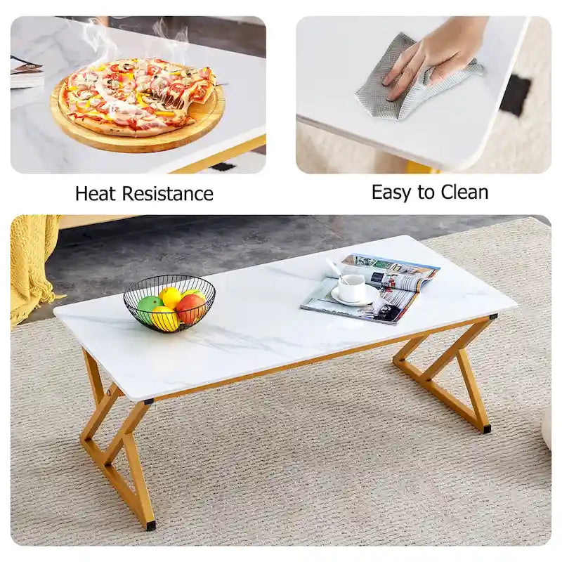 Table basse de style moderne minimaliste avec motif marbre et pieds en métal noir, table de jeu, table à thé