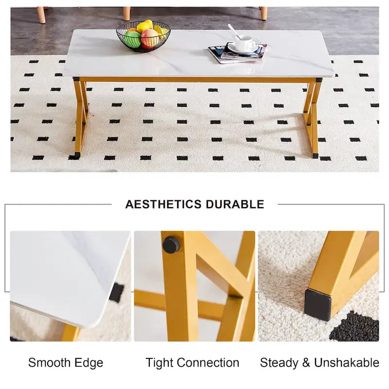 Table basse de style moderne minimaliste avec motif marbre et pieds en métal noir, table de jeu, table à thé
