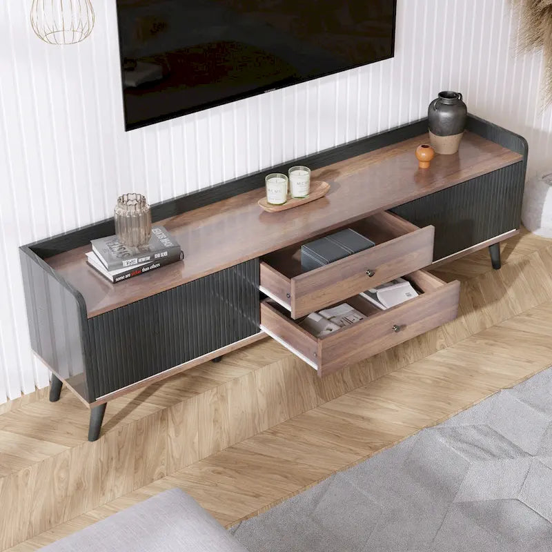 Meuble TV Mid-Century de 63 pouces avec 2 armoires et compartiments ouverts, centre de divertissement pour téléviseurs jusqu'à 70 pouces, console de télévision