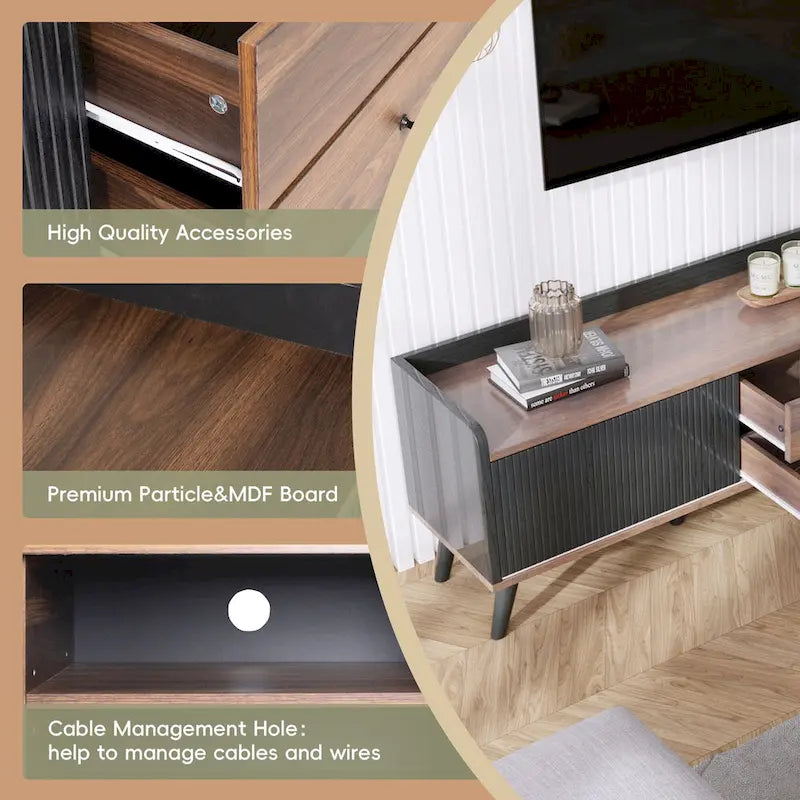 Meuble TV Mid-Century de 63 pouces avec 2 armoires et compartiments ouverts, centre de divertissement pour téléviseurs jusqu'à 70 pouces, console de télévision