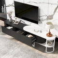 67,7 à 76,4Support TV extensible pour téléviseurs jusqu'à 75 pouces, meuble TV console média avec 3 tiroirs, pieds métalliques réglables
