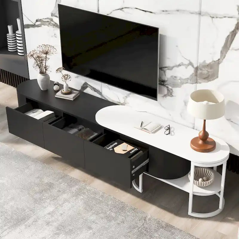 67,7 à 76,4Support TV extensible pour téléviseurs jusqu'à 75 pouces, meuble TV console média avec 3 tiroirs, pieds métalliques réglables