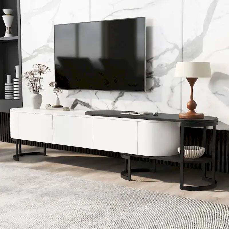 67,7 à 76,4Support TV extensible pour téléviseurs jusqu'à 75 pouces, meuble TV console média avec 3 tiroirs, pieds métalliques réglables